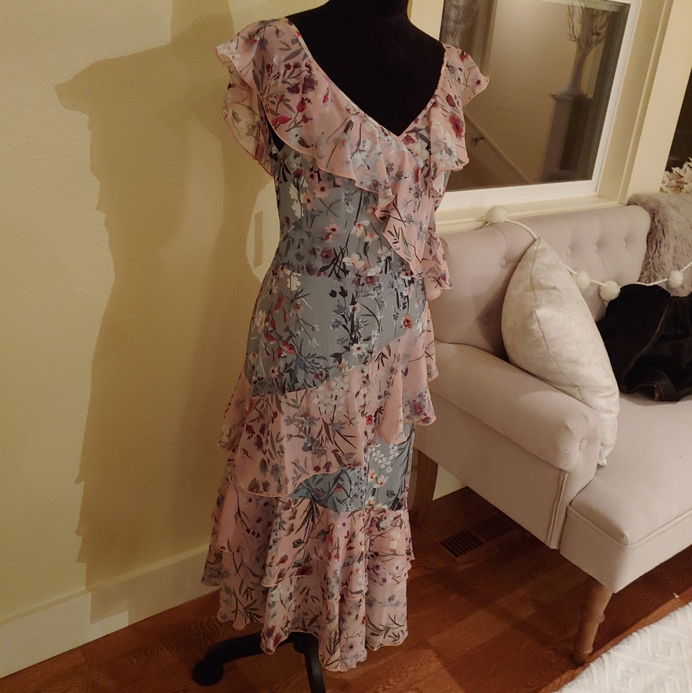 Maggy London Chiffon Cascade Tiered-Front Dress